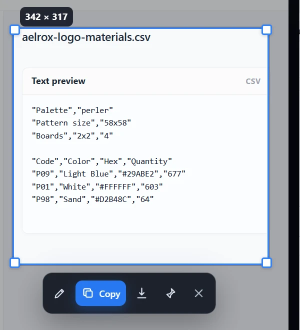 Snip Capture region selection around a materials CSV preview with copy save and pin controls