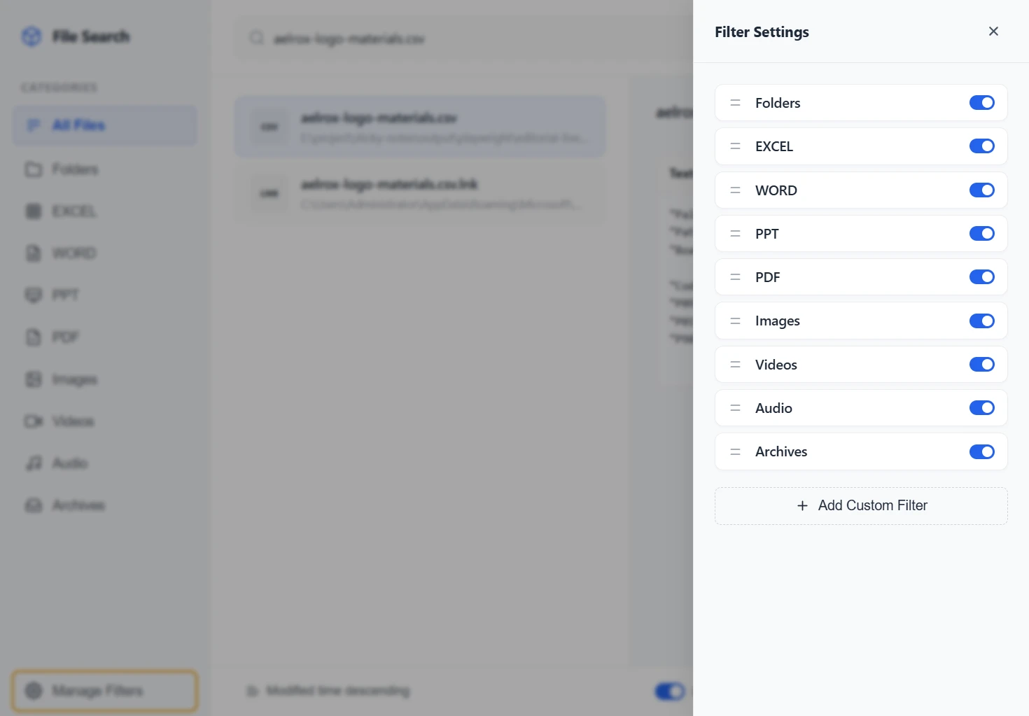 File Search Desk Filter Settings showing enabled categories and Add Custom Filter