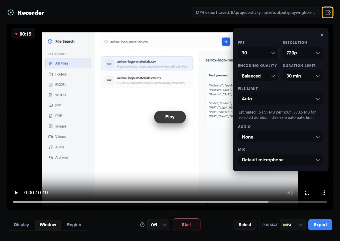 Screen Region Recorder settings for 30 FPS 720p balanced quality and no audio