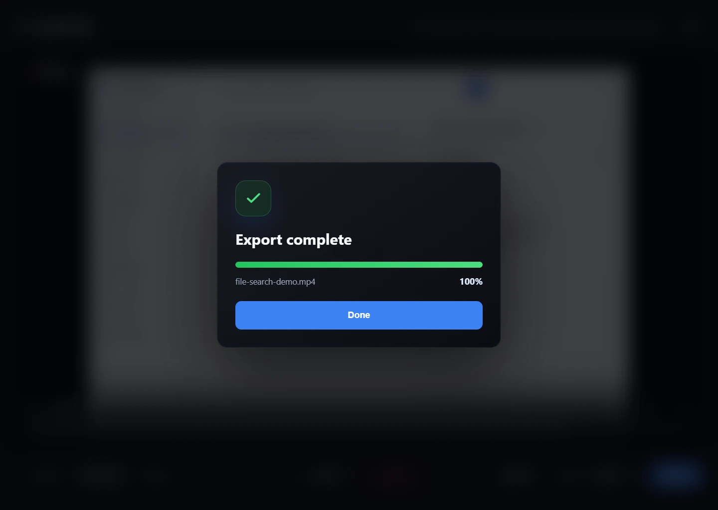 Screen Region Recorder reporting successful export of file-search-demo.mp4