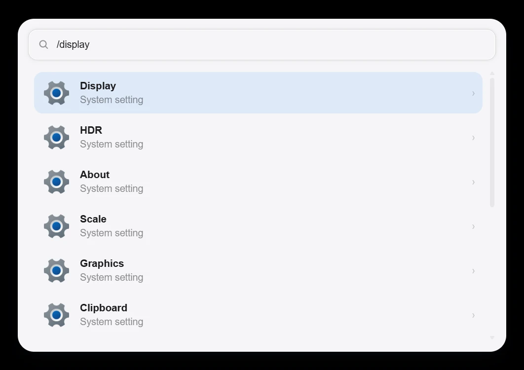 Aelrox system-only search for display showing Display HDR Scale and Graphics settings
