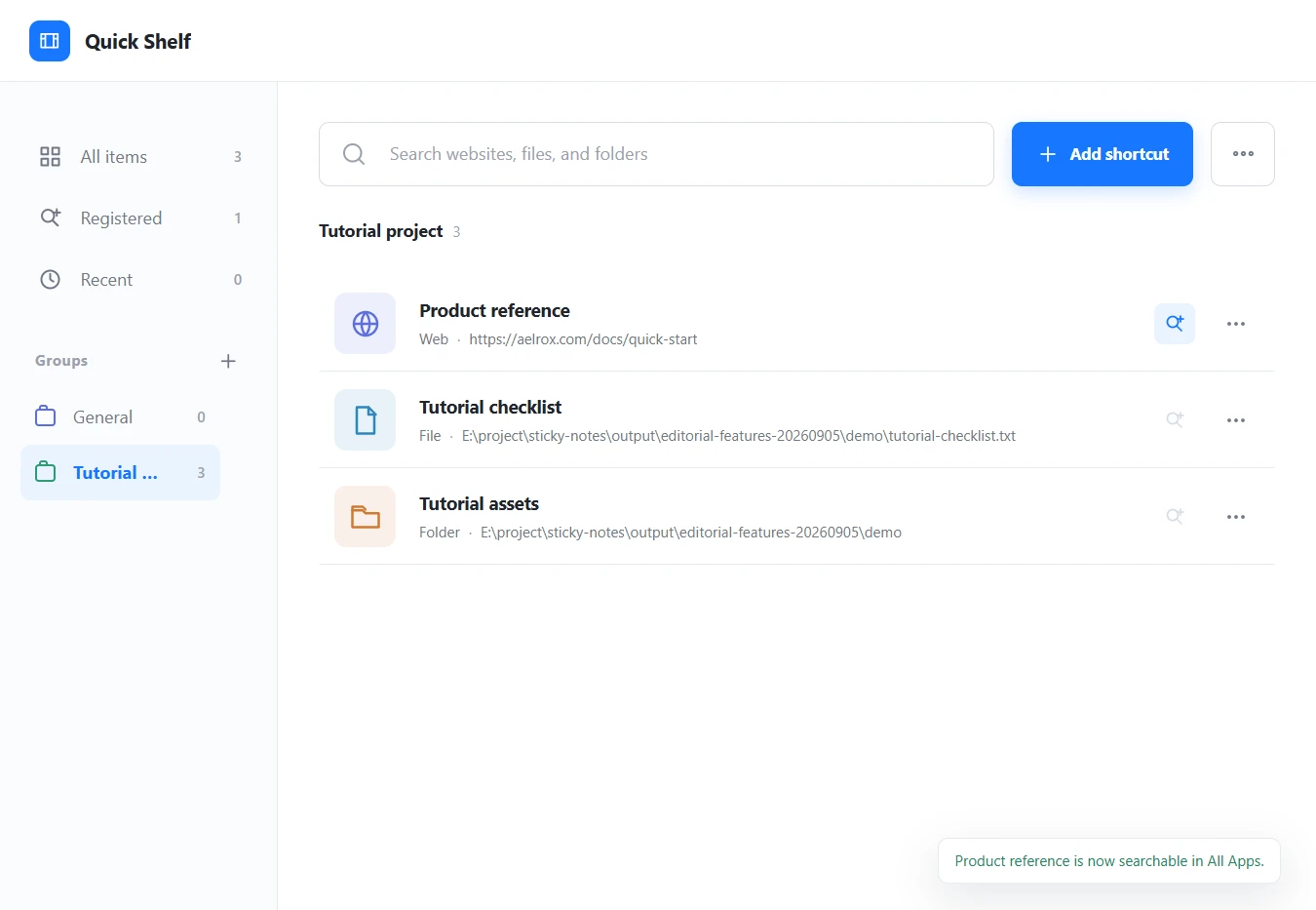 Quick Shelf showing one registered website shortcut and two unregistered local targets