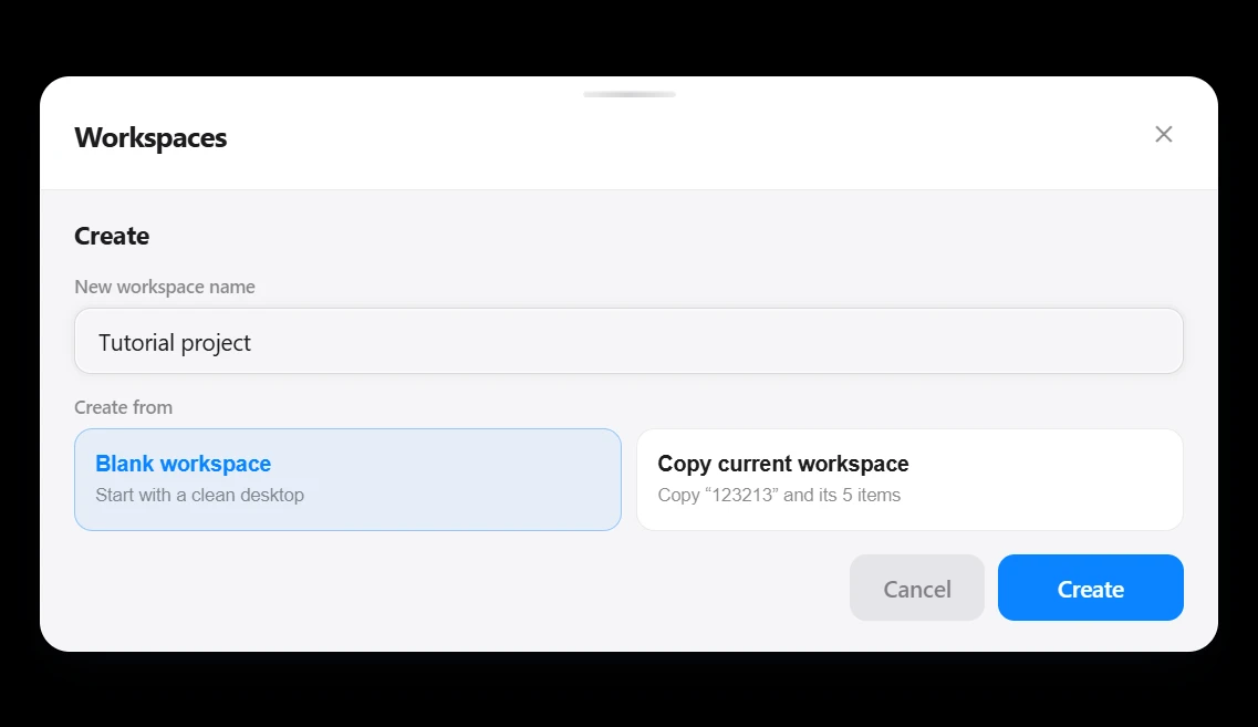 Aelrox Create workspace dialog with Tutorial project and Blank workspace selected