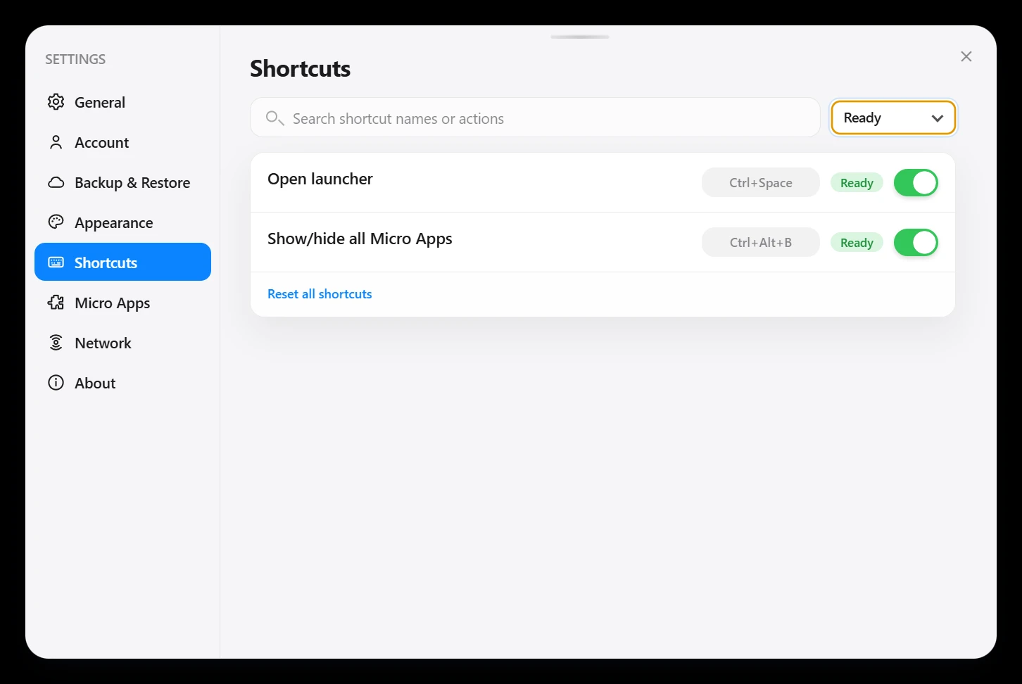 Aelrox shortcut settings showing Ctrl Space and Ctrl Alt B both Ready