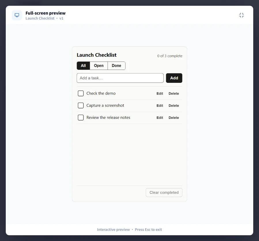 Aelrox Builder live preview of Launch Checklist with three sample tasks and zero of three complete