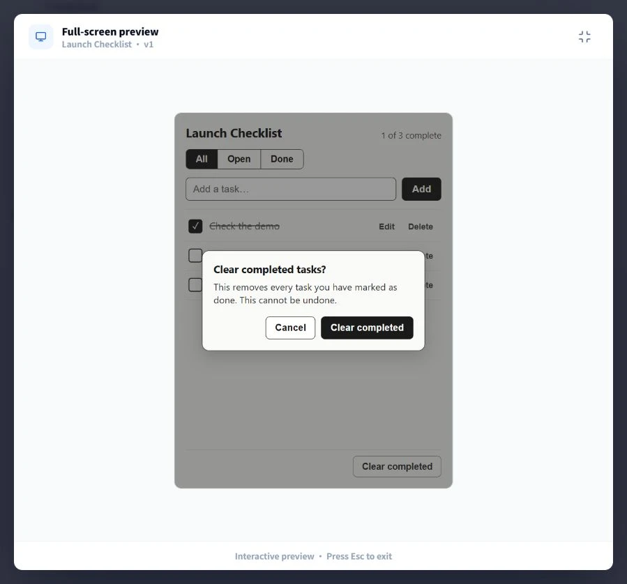 Launch Checklist asking for confirmation before clearing completed tasks with Cancel and Clear completed buttons