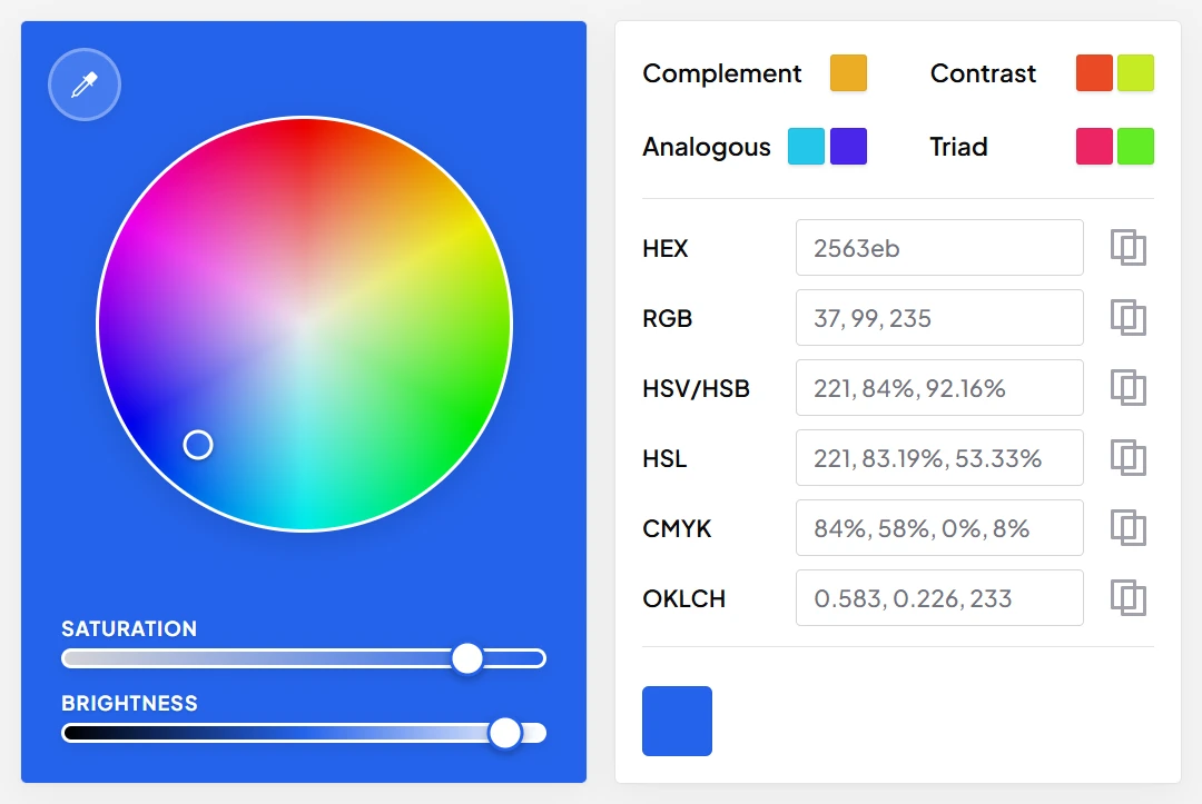 Desktop Color Picker after sampling a blue reference, showing HEX 2563eb, RGB 37, 99, 235, and a blue recent-color swatch