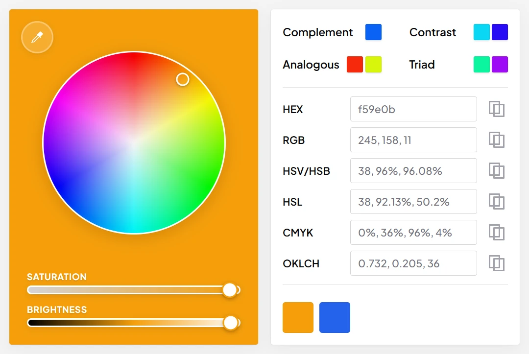 Desktop Color Picker after sampling an orange reference, showing HEX f59e0b and both orange and blue history swatches