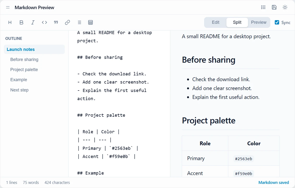 Markdown Renderer displaying the Launch notes source, document outline, and rendered headings and checklist in split view
