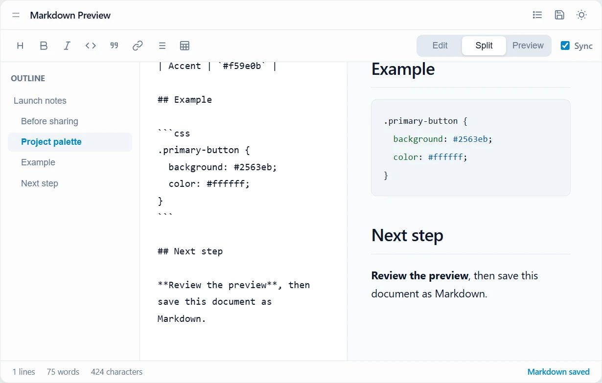 Markdown Renderer showing a CSS code block in the editor and syntax-highlighted preview after navigating through the outline
