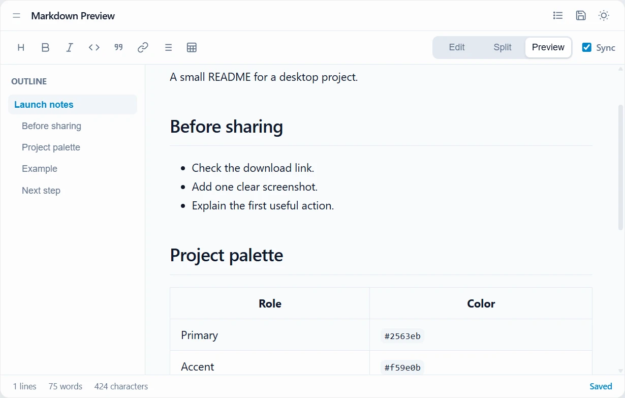 Markdown Renderer in Preview mode showing a checklist and a two-column project color table