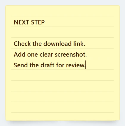 Aelrox Sticky Note with a yellow ruled background and three short actions under the heading NEXT STEP