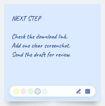 The same Aelrox task note with blue paper, handwritten text, a dotted background, and the appearance controls visible