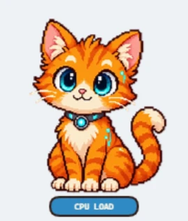 System Cat 2 running in Aelrox on Windows, with an orange cat and a CPU LOAD button beneath it