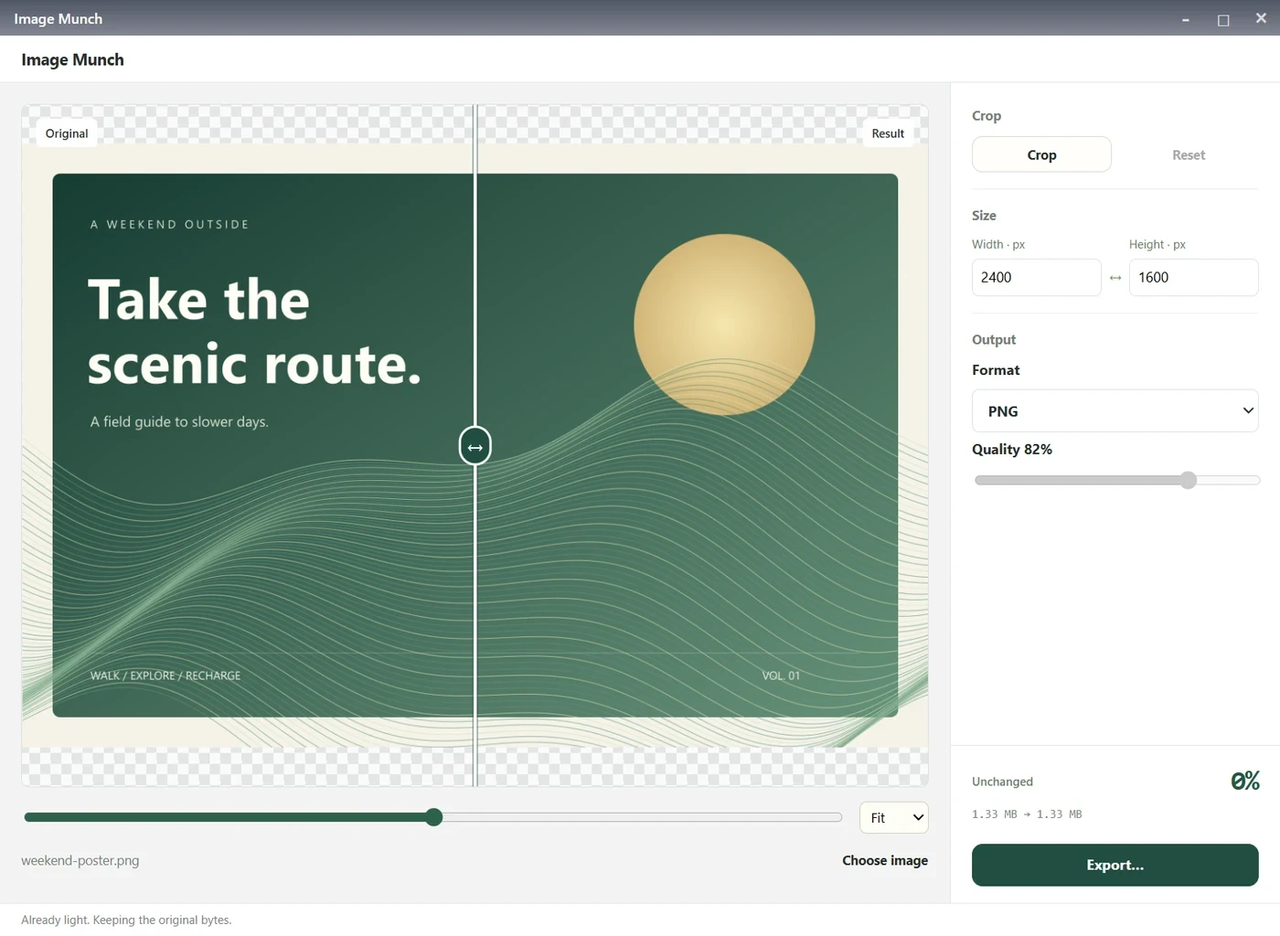 Image Munch showing the original 2400 by 1600 poster with its starting size of 1.33 MB