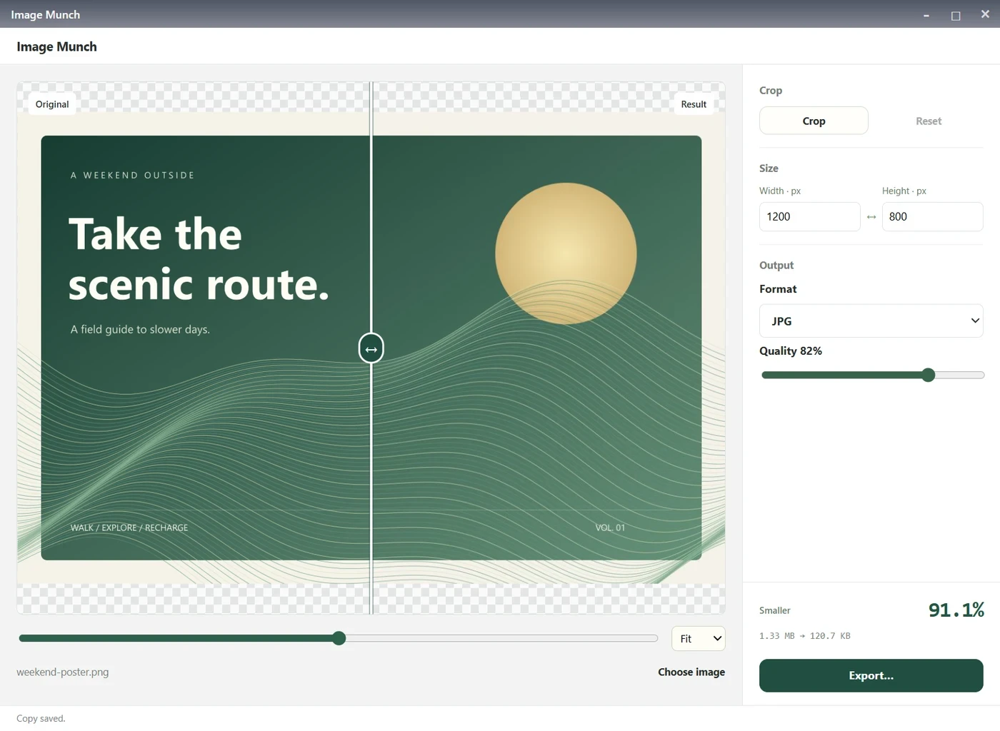Image Munch after exporting the smaller JPG, with Copy saved shown in the status bar