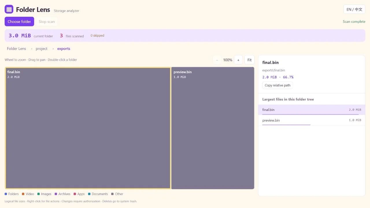 Folder Lens inside exports with final.bin selected, showing 2.0 MiB and 66.7 percent beside preview.bin