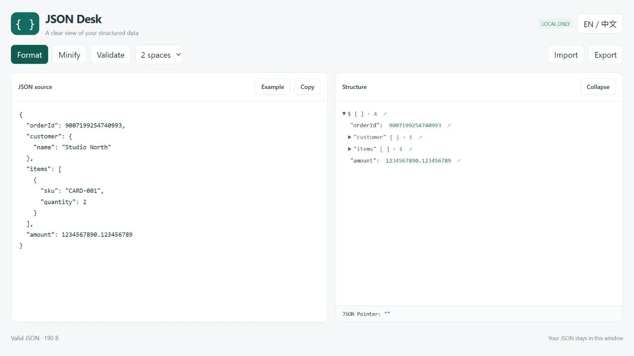 JSON Desk with the formatted sample on the left and matching long integer and decimal values in the structure view