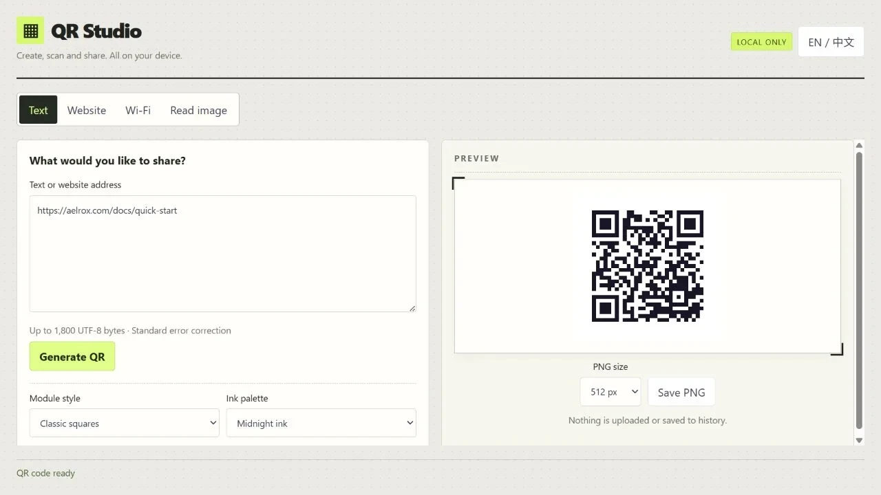 QR Studio showing a generated QR code for the Aelrox Quick Start URL
