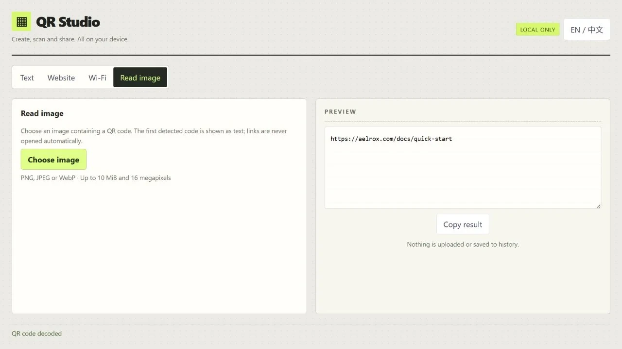 QR Studio's Read image tab showing the decoded Quick Start URL and the Copy result button