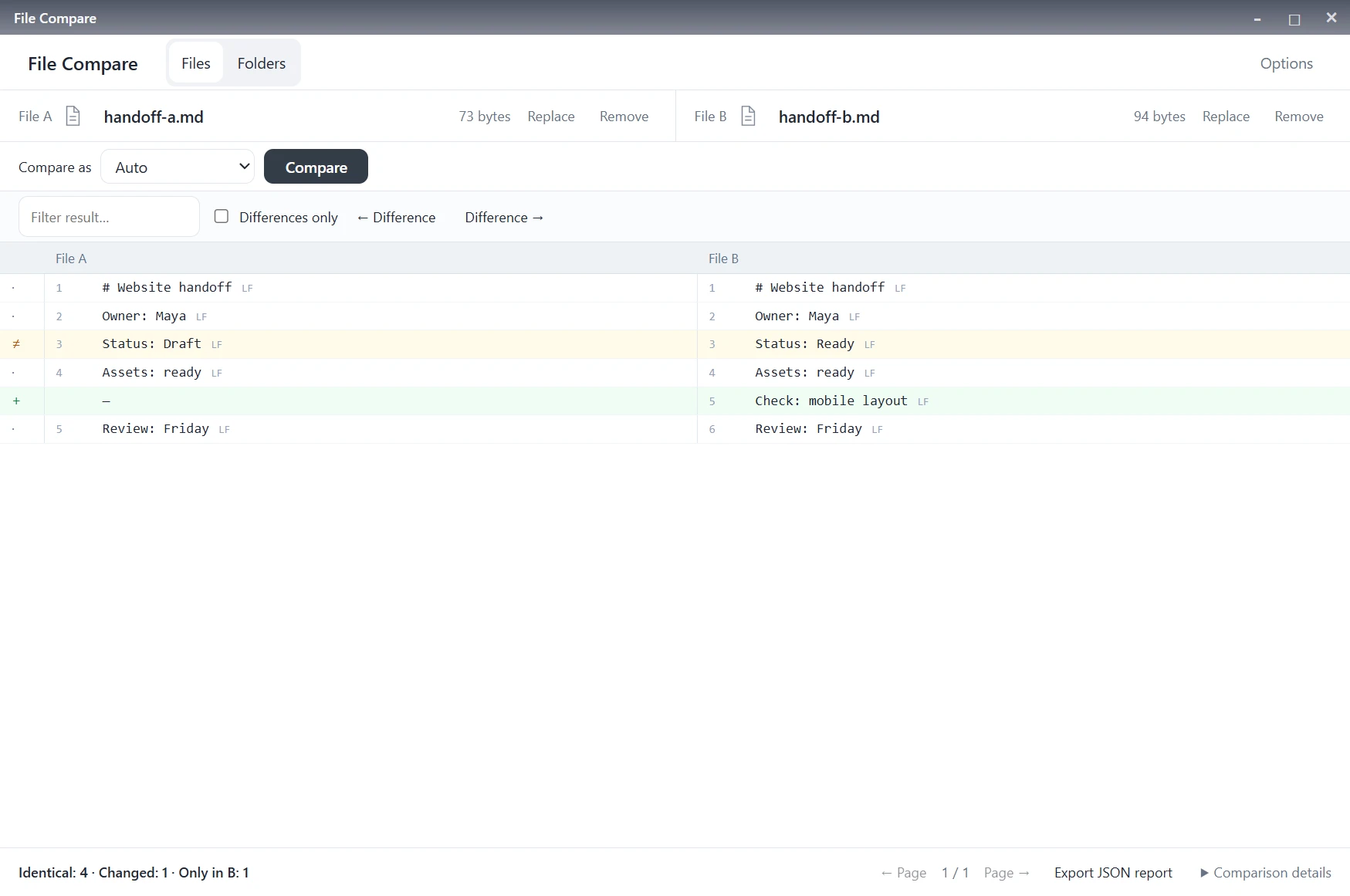 File Compare aligning two Markdown handoff notes, with Status changed from Draft to Ready and a mobile layout check only in File B