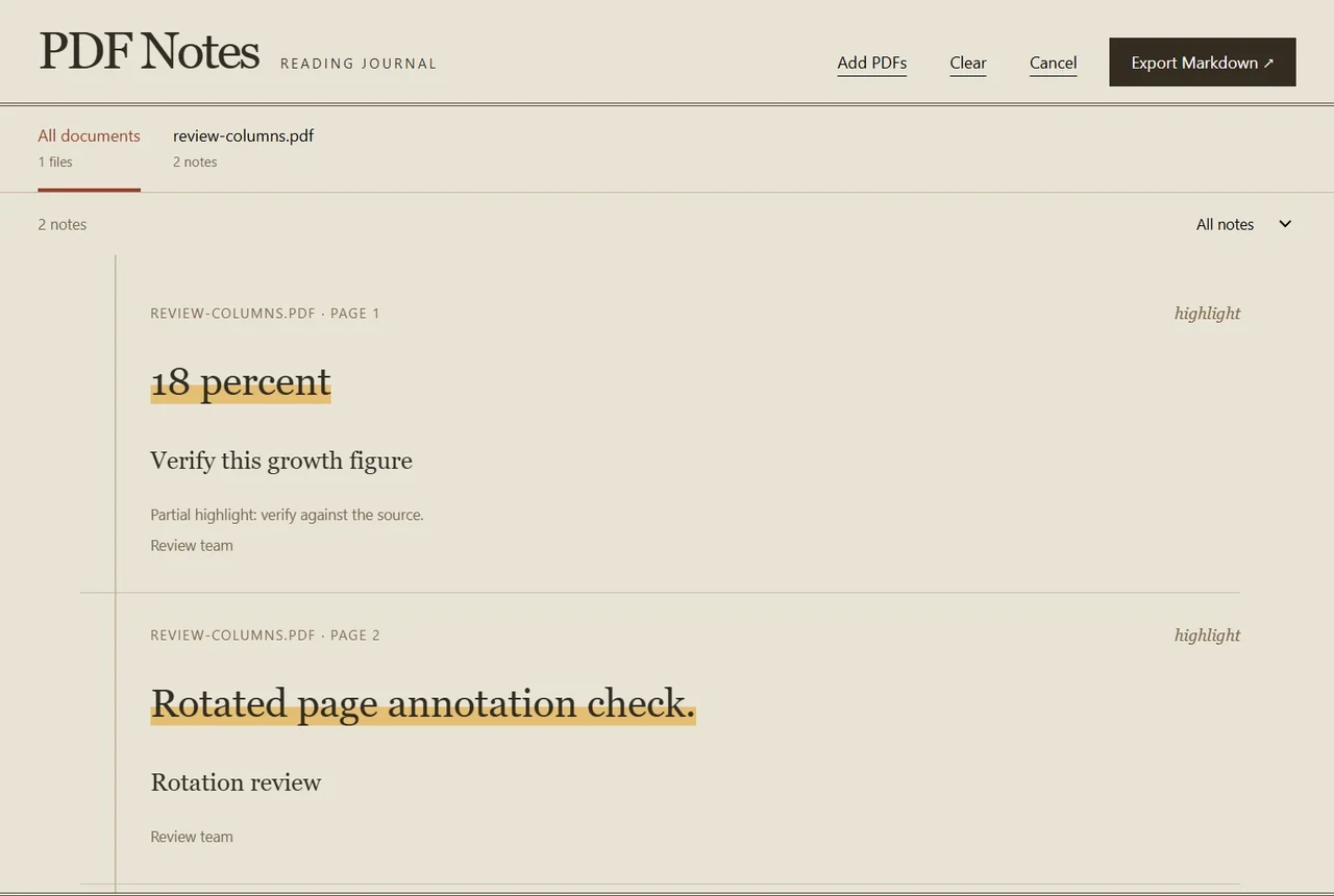 PDF Notes displaying an extracted partial highlight and its attached review comment