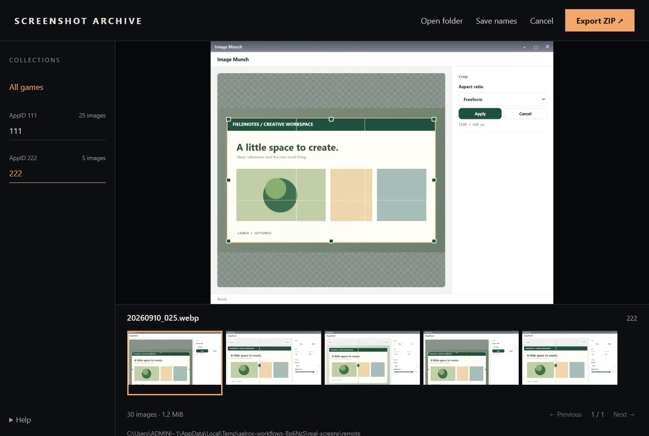 Steam Screenshot Archive showing two prepared game groups, a large preview and a filmstrip