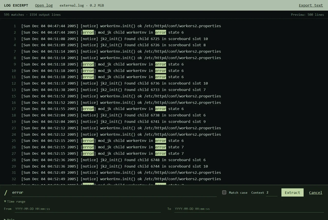 Log Excerpt showing Apache error matches with two context lines and the output count