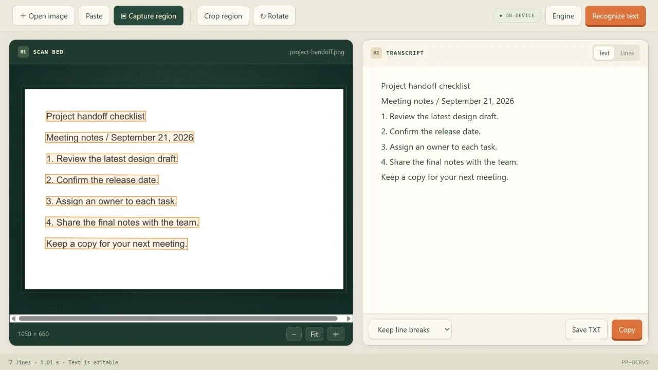 OCR Desk with seven recognized regions and editable English text