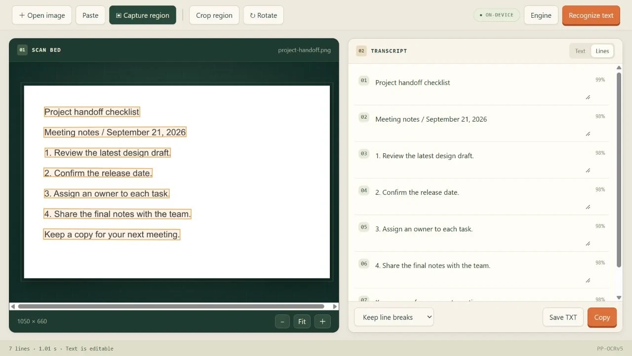 OCR Desk Lines view showing separately editable recognized lines