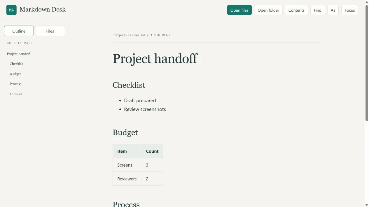 Markdown Desk showing the project handoff outline, checklist and budget table